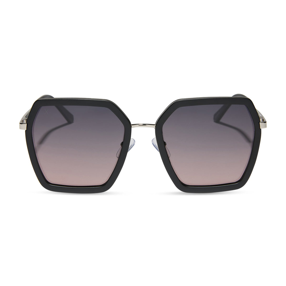 dime optics featuring the alameda square sunglasses with a silver and matte black frame and orchid gradient lenses front view