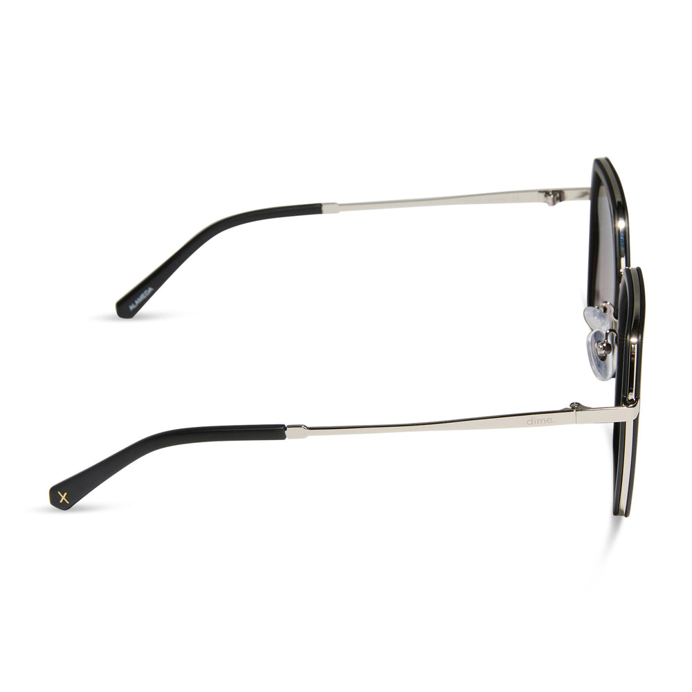 dime optics featuring the alameda square sunglasses with a silver and matte black frame and orchid gradient lenses side view