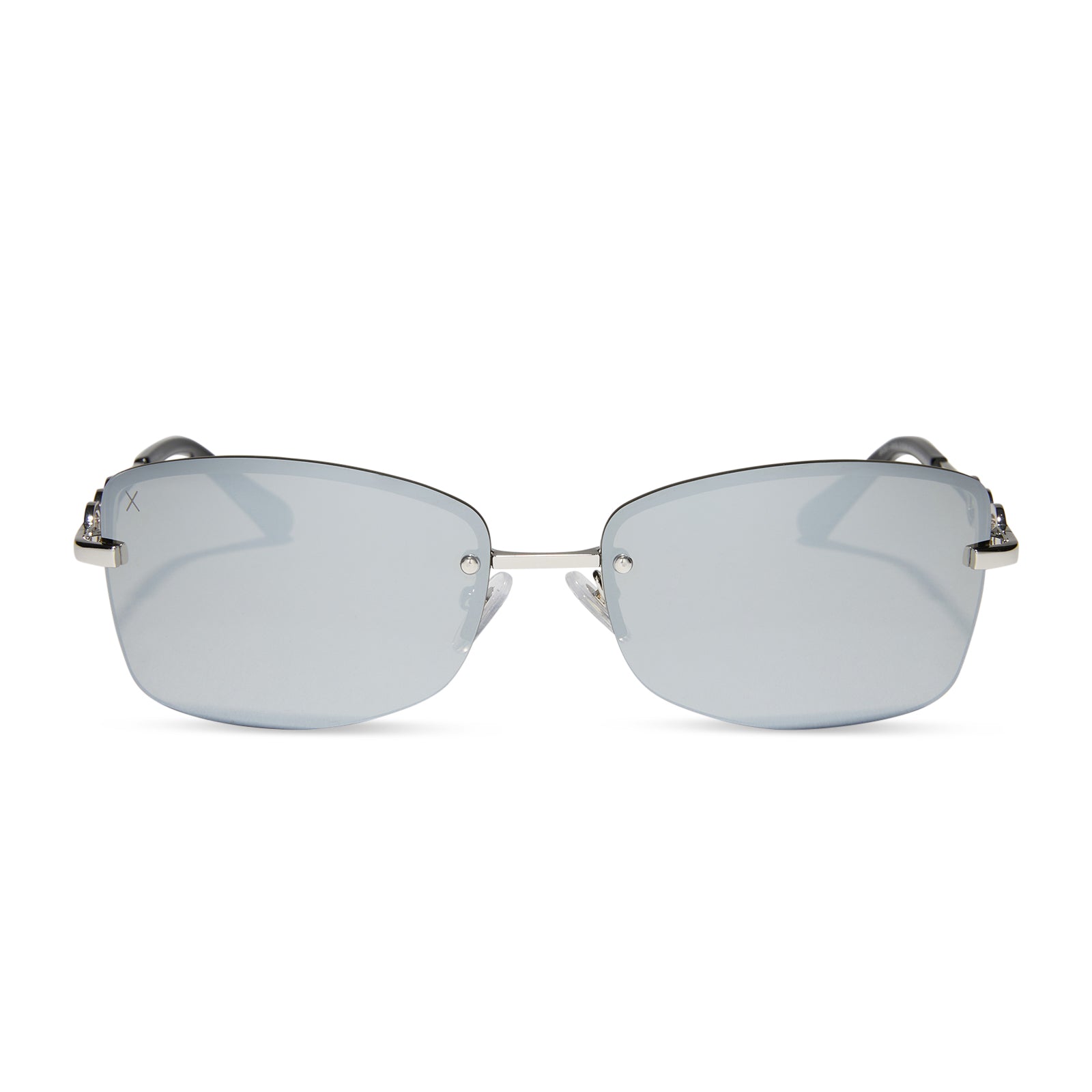alondra dessy x dime optics featuring a vibe square sunglasses with a silver frame and silver mirror lenses front view