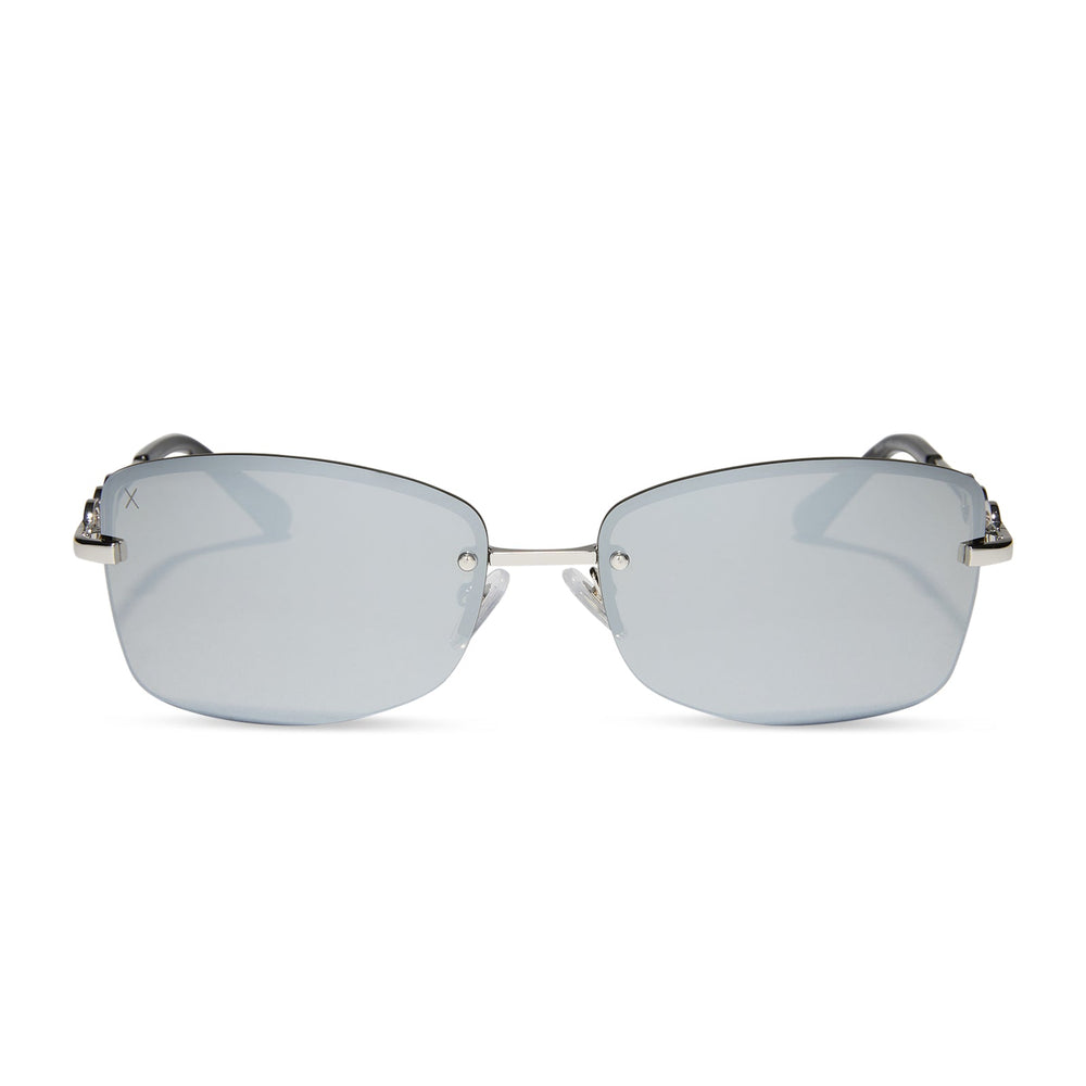 alondra dessy x dime optics featuring a vibe square sunglasses with a silver frame and silver mirror lenses front view