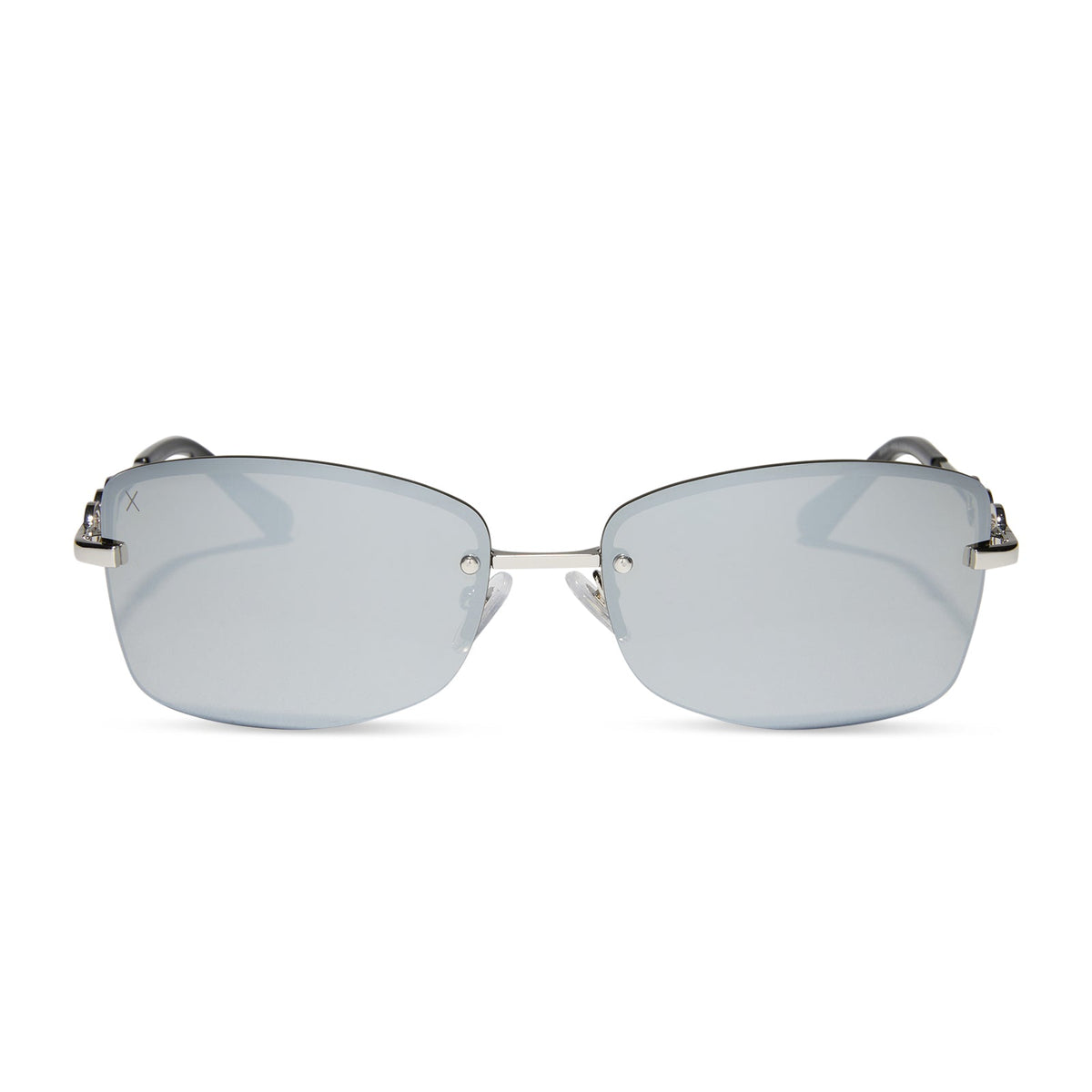 alondra dessy x dime optics featuring a vibe square sunglasses with a silver frame and silver mirror lenses front view