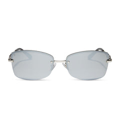 alondra dessy x dime optics featuring a vibe square sunglasses with a silver frame and silver mirror lenses front view