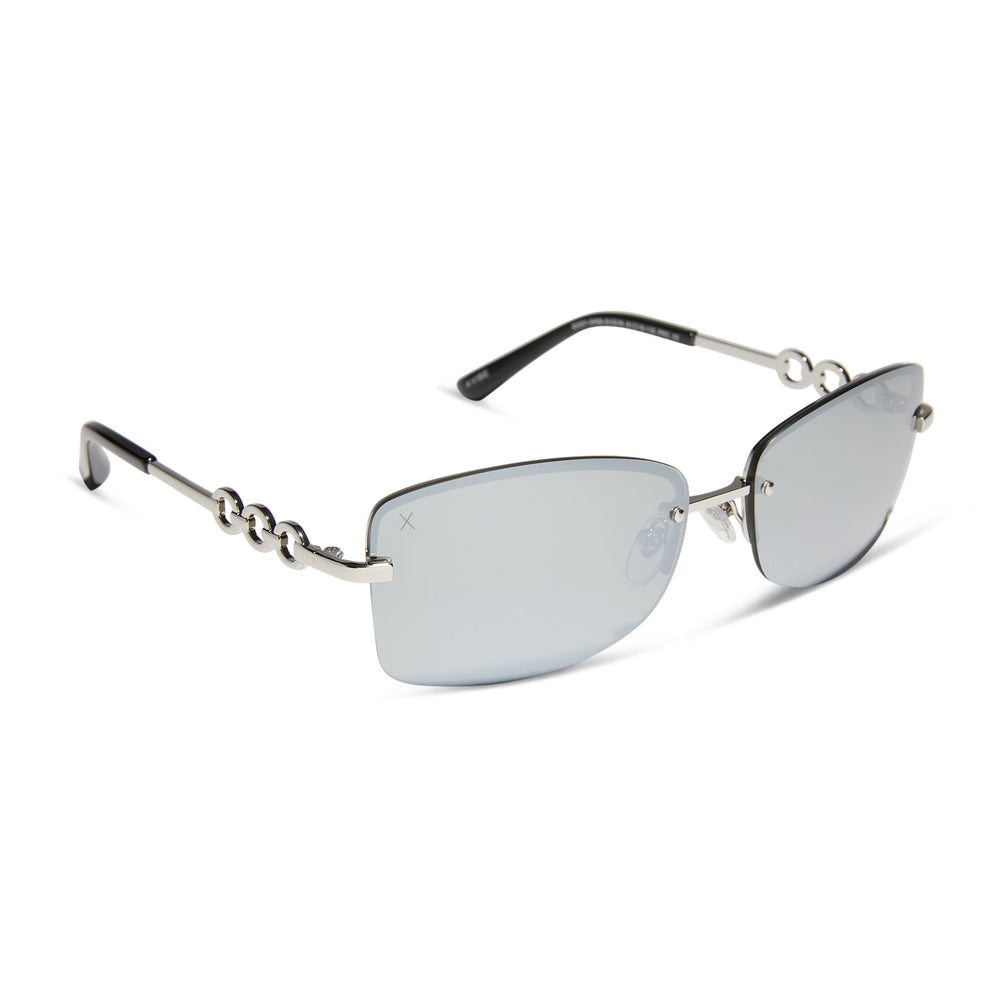 alondra dessy x dime optics featuring a vibe square sunglasses with a silver frame and silver mirror lenses angled view