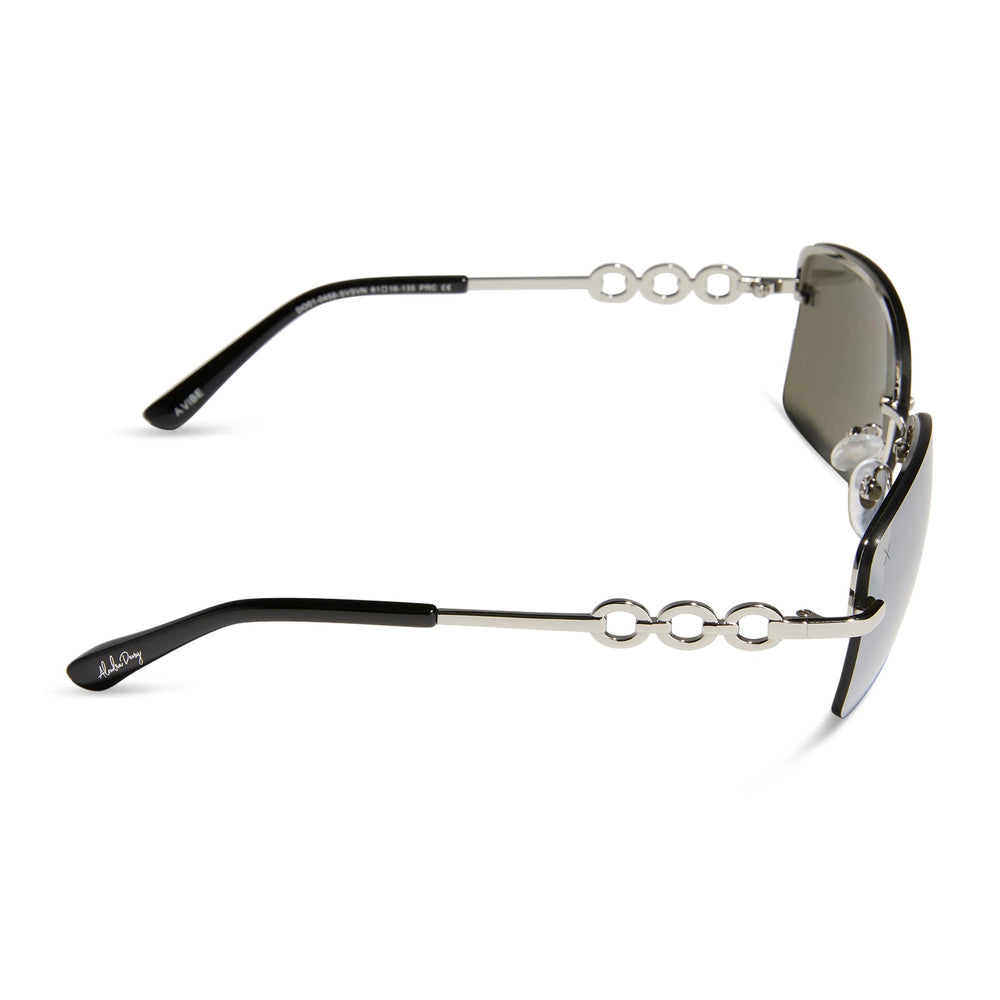 alondra dessy x dime optics featuring a vibe square sunglasses with a silver frame and silver mirror lenses side view