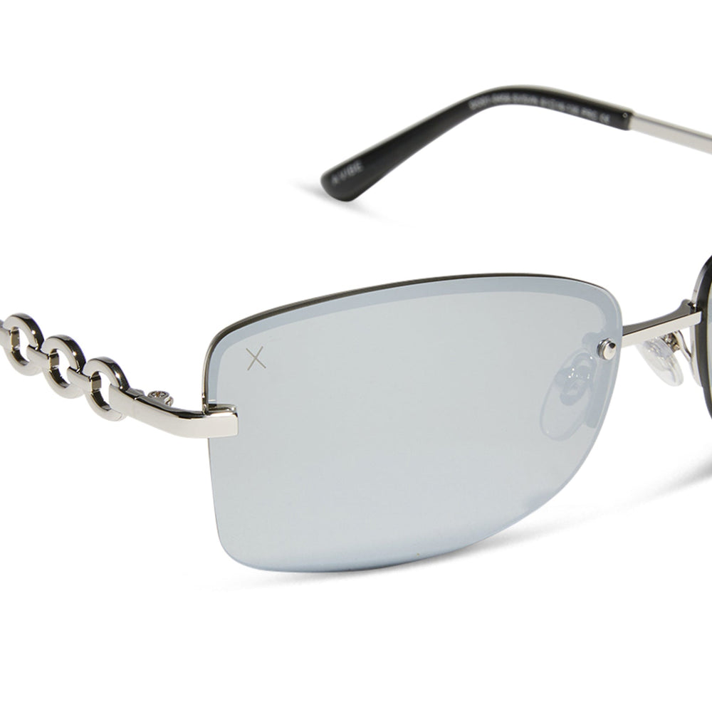 alondra dessy x dime optics featuring a vibe square sunglasses with a silver frame and silver mirror lenses detailed view