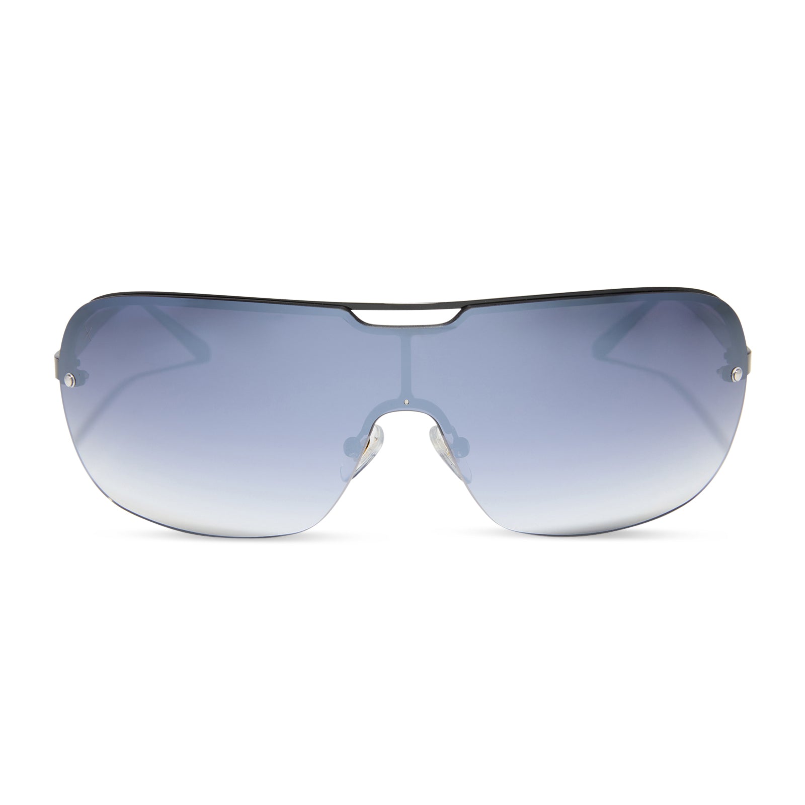 rissa g x dime optics bou g shield sunglasses with a black metal frame and grey gradient lenses front view