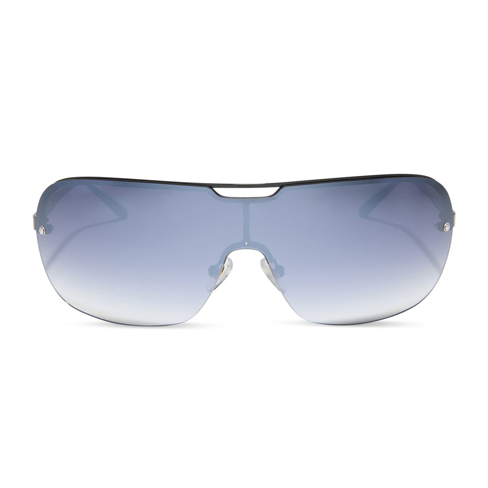 rissa g x dime optics bou g shield sunglasses with a black metal frame and grey gradient lenses front view