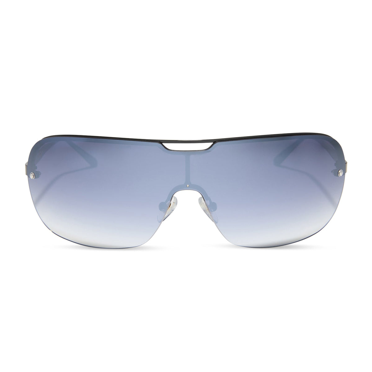 rissa g x dime optics bou g shield sunglasses with a black metal frame and grey gradient lenses front view