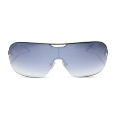 rissa g x dime optics bou g shield sunglasses with a black metal frame and grey gradient lenses front view