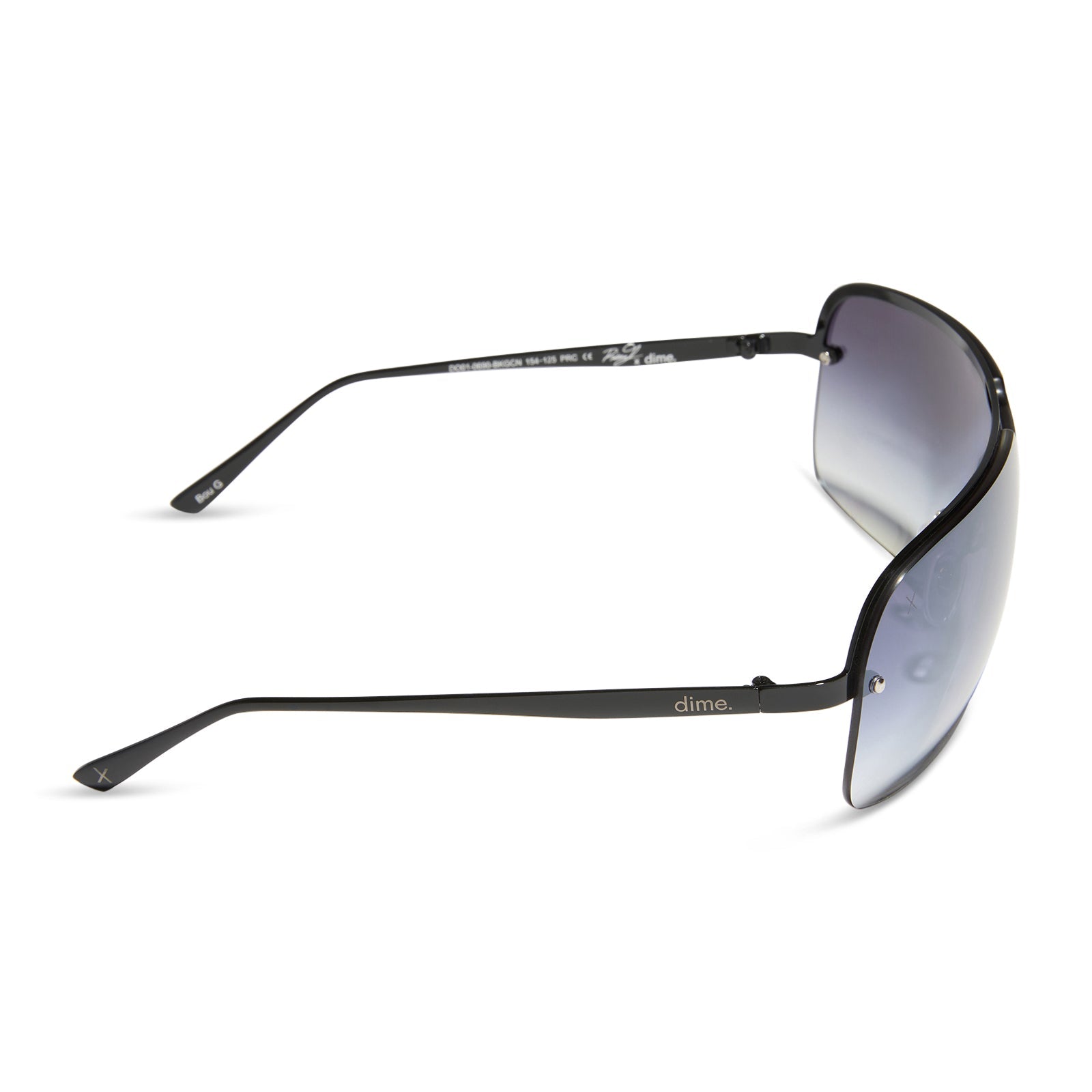 rissa g x dime optics bou g shield sunglasses with a black metal frame and grey gradient lenses side view