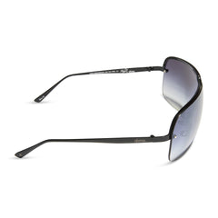rissa g x dime optics bou g shield sunglasses with a black metal frame and grey gradient lenses side view