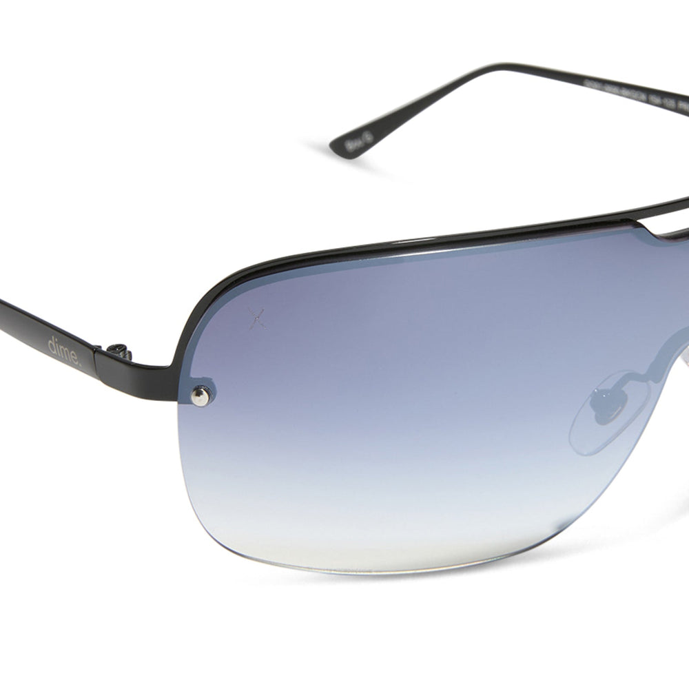 rissa g x dime optics bou g shield sunglasses with a black metal frame and grey gradient lenses detailed view