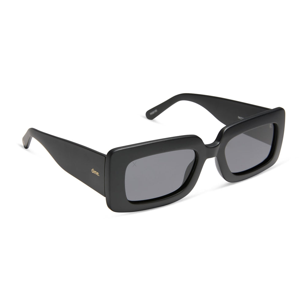 dime optics featuring the culver rectangular sunglasses with a matte black frame and grey polarized lenses angled view