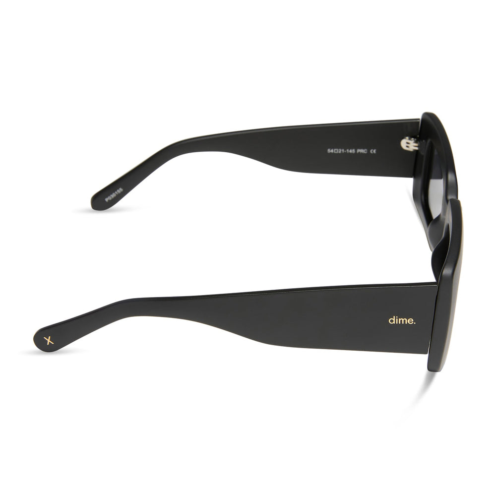 dime optics featuring the culver rectangular sunglasses with a matte black frame and grey polarized lenses side view