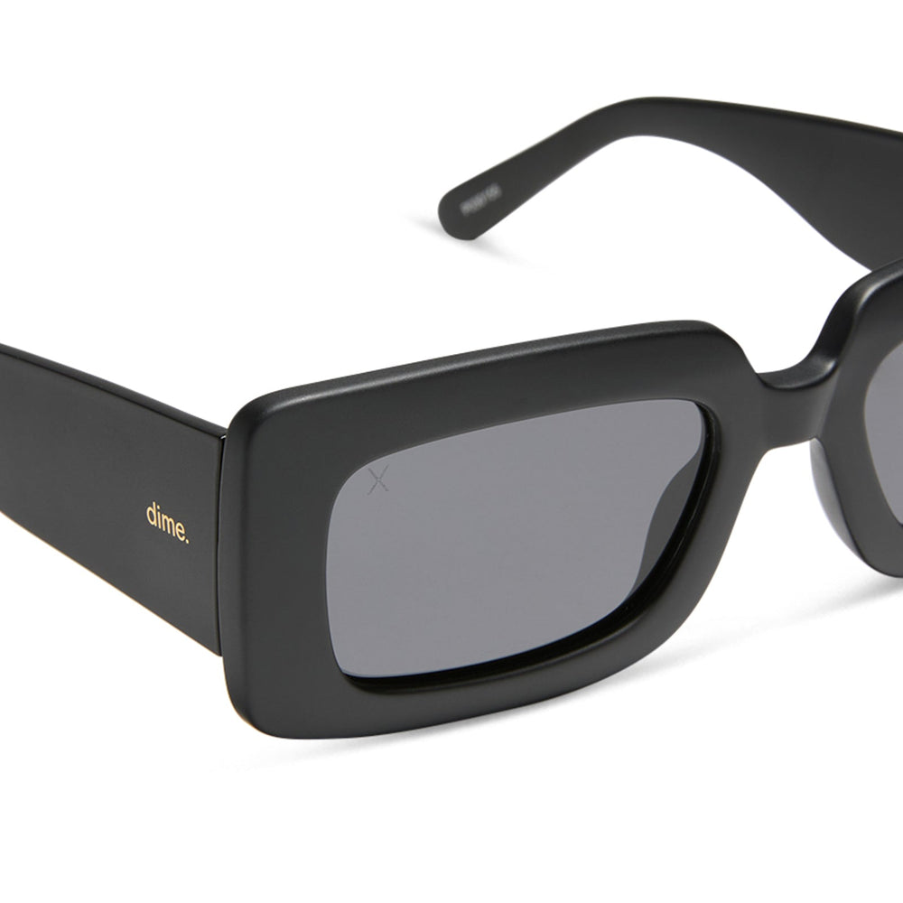 dime optics featuring the culver rectangular sunglasses with a matte black frame and grey polarized lenses detailed view