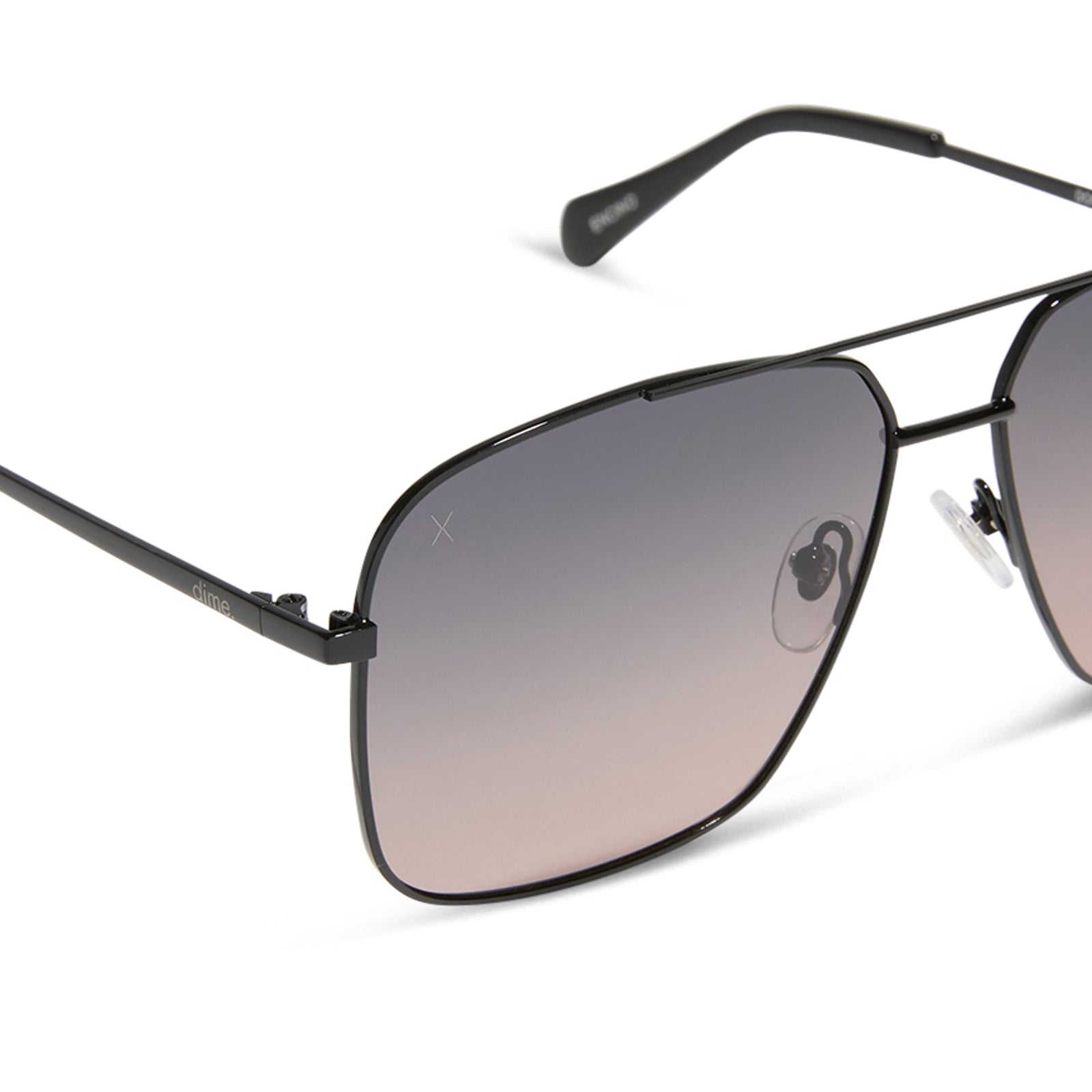 dime optics encino aviator sunglasses with a black metal frame and orchid gradient polarized lenses detailed view