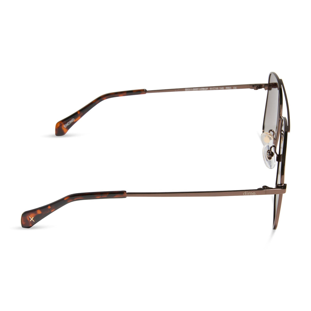 dime optics encino aviator sunglasses with a chocolate brown metal frame and brown gradient polarized lenses side view