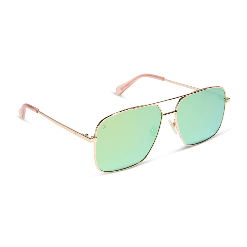dime optics encino aviator sunglasses with a gold metal frame and cyan mirror lenses angled view