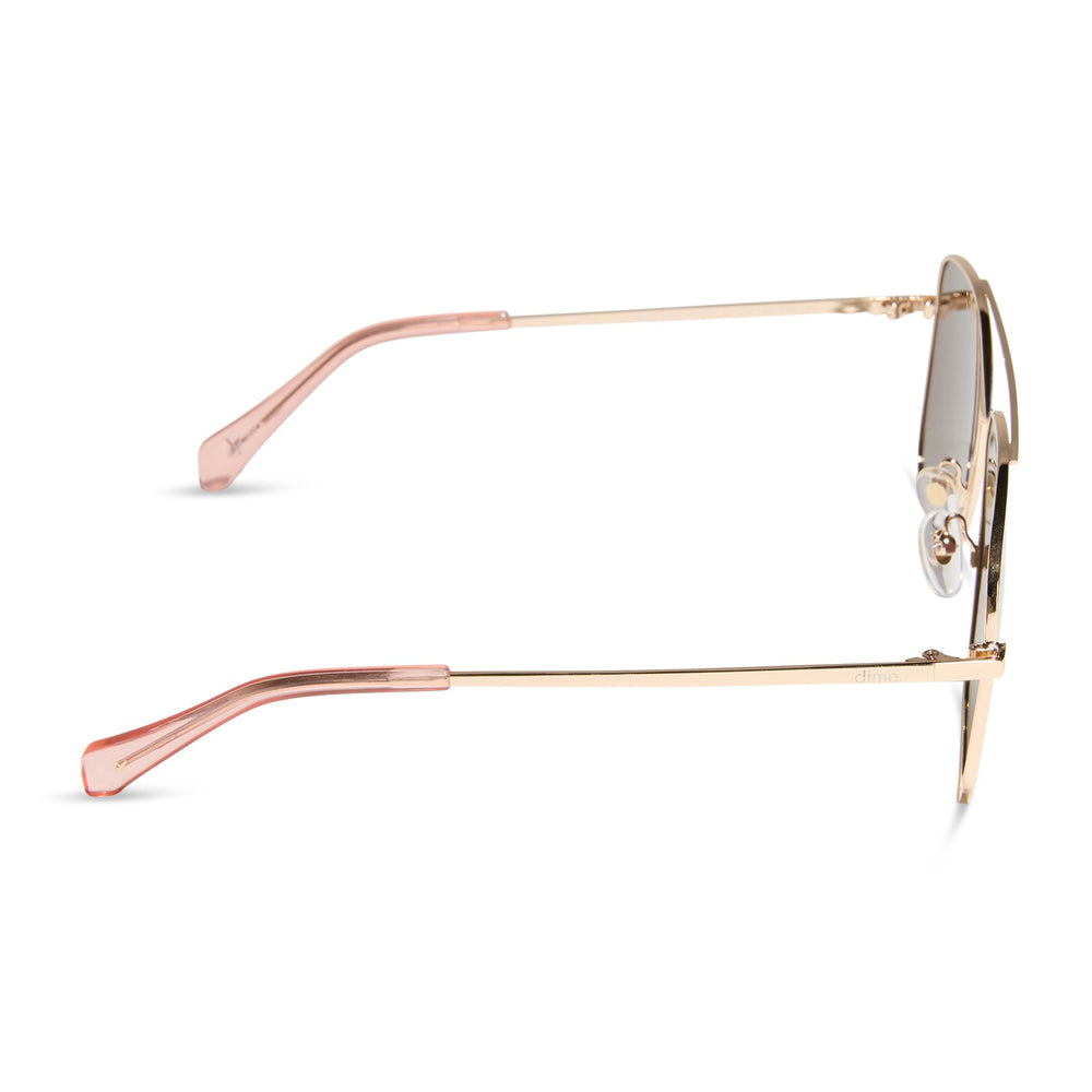 dime optics encino aviator sunglasses with a gold metal frame and cyan mirror lenses side view