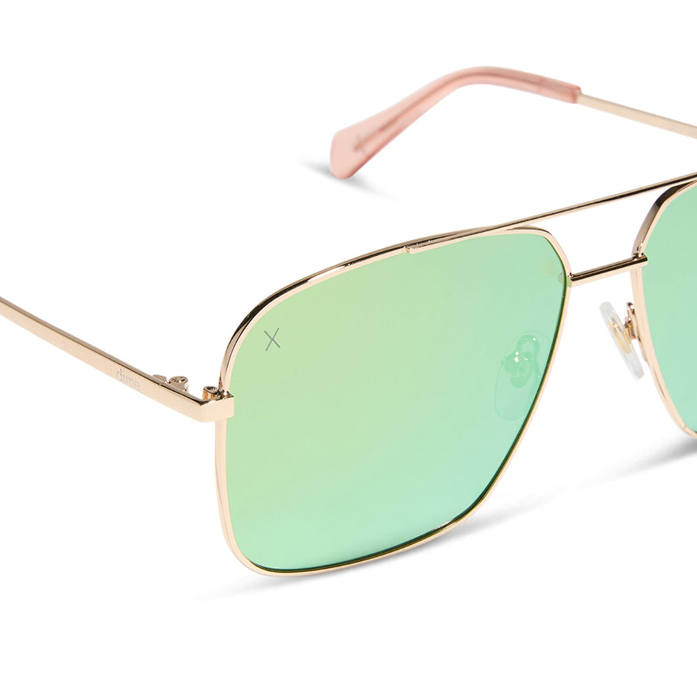 dime optics encino aviator sunglasses with a gold metal frame and cyan mirror lenses detailed view
