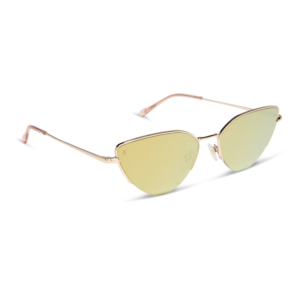dime optics fairfax cat eye sunglasses with a gold metal frame and gold mirror lenses angled view