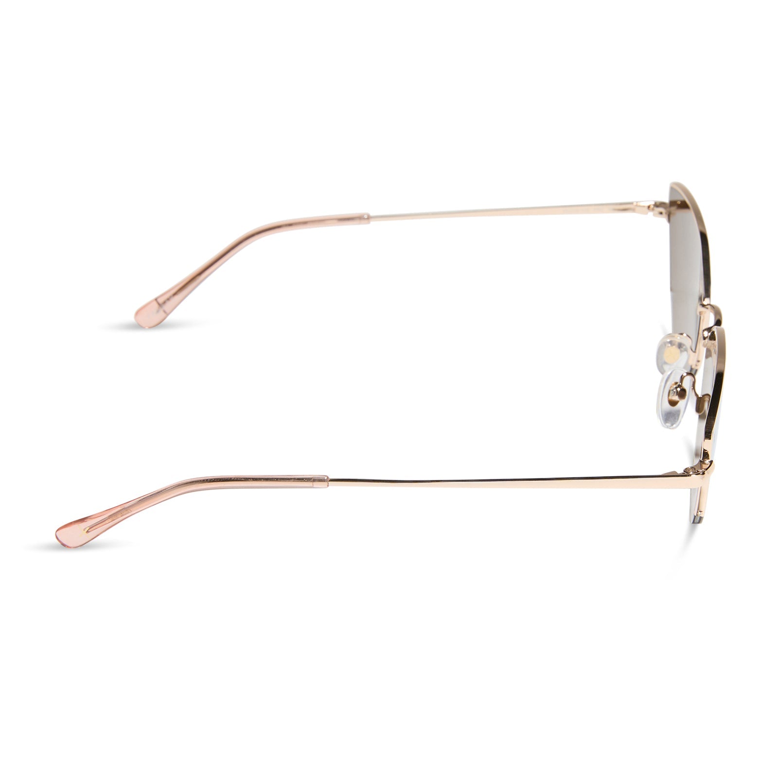 dime optics fairfax cat eye sunglasses with a gold metal frame and gold mirror lenses side view