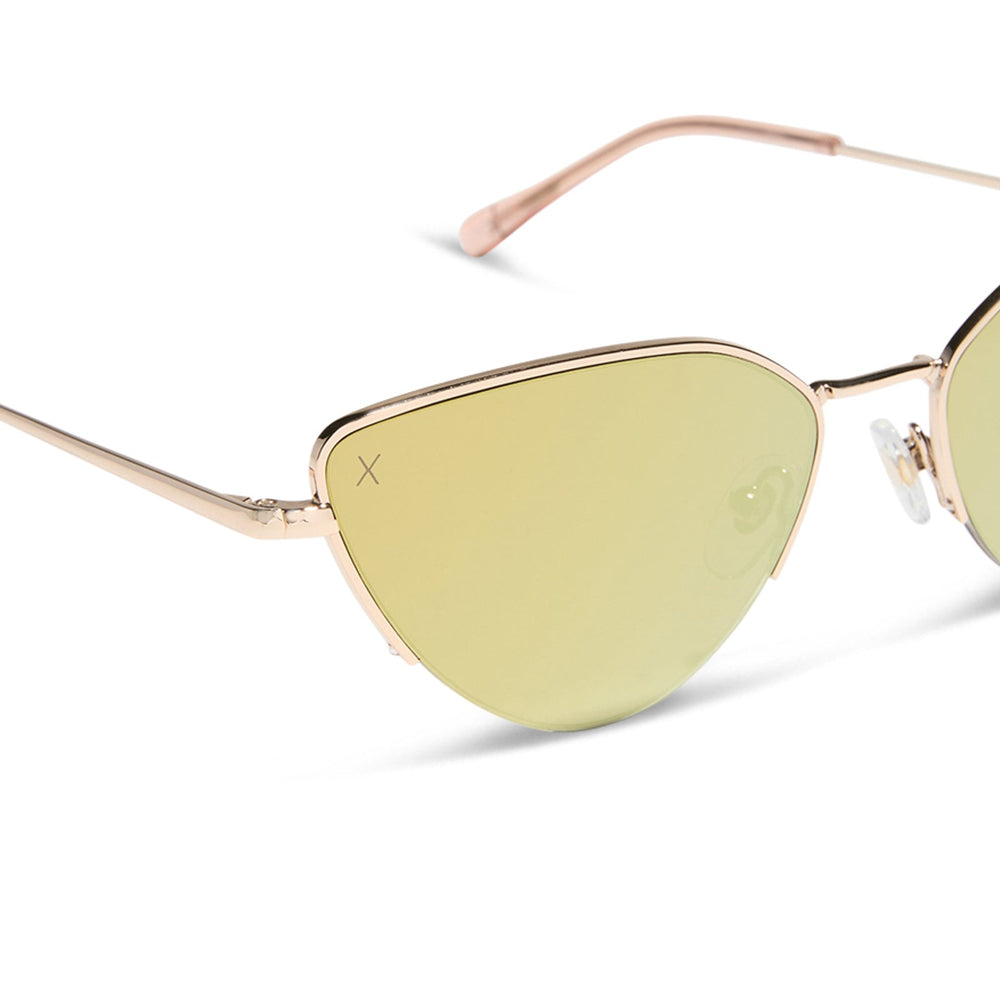 dime optics fairfax cat eye sunglasses with a gold metal frame and gold mirror lenses detailed view