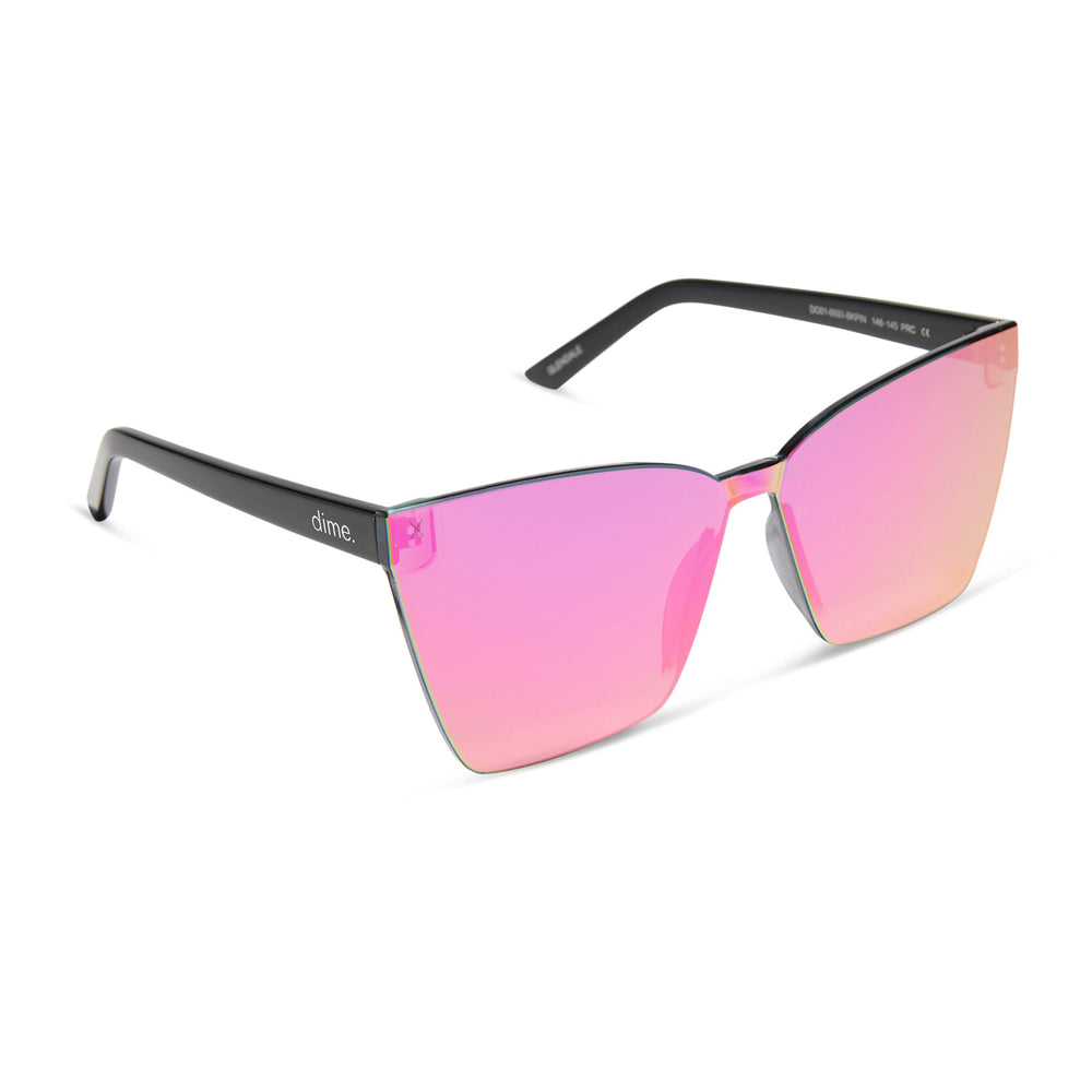 dime optics glendale cat eye sunglasses with a black frame and candy pink mirror lenses angled view