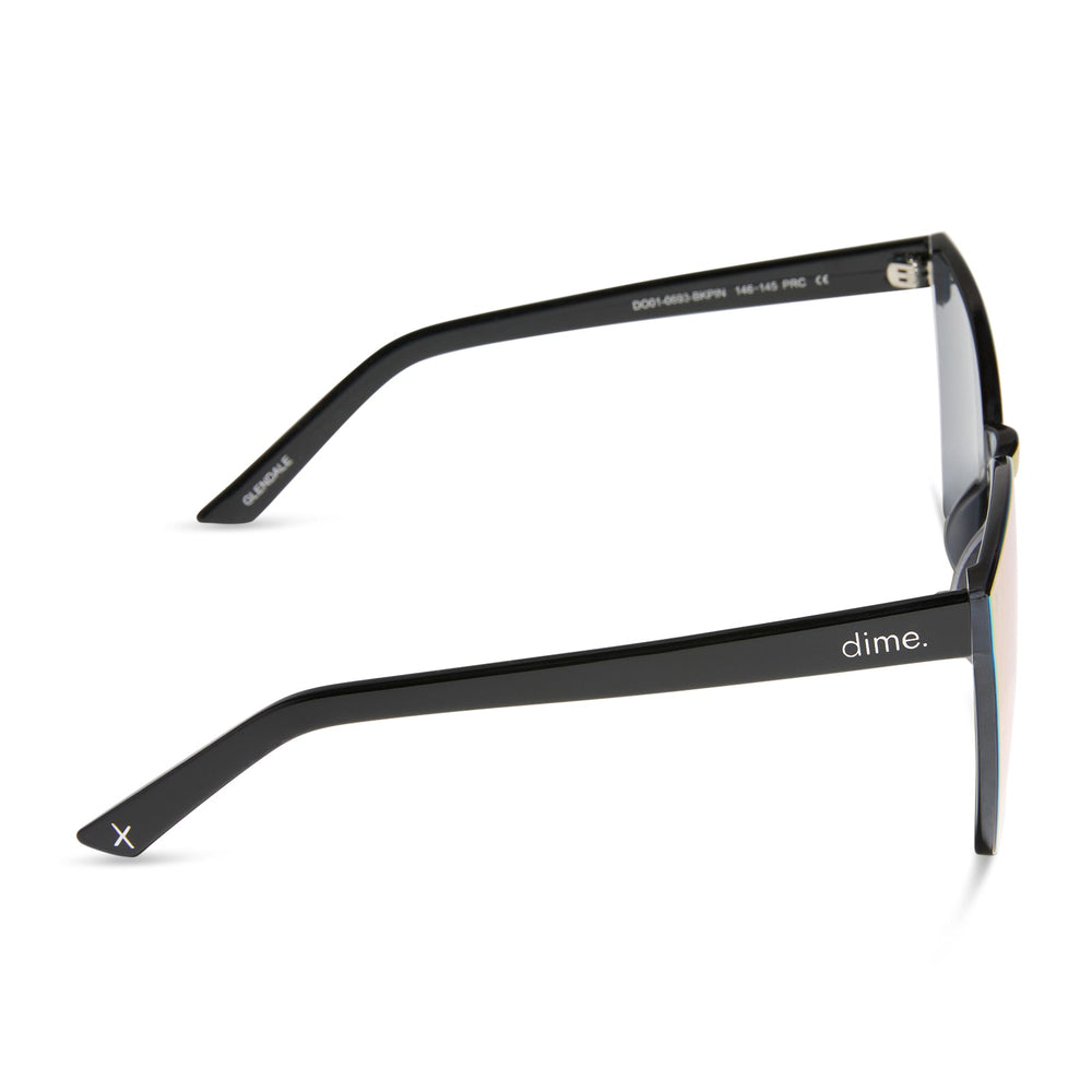 dime optics glendale cat eye sunglasses with a black frame and candy pink mirror lenses side view