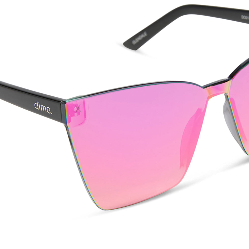 dime optics glendale cat eye sunglasses with a black frame and candy pink mirror lenses detailed view