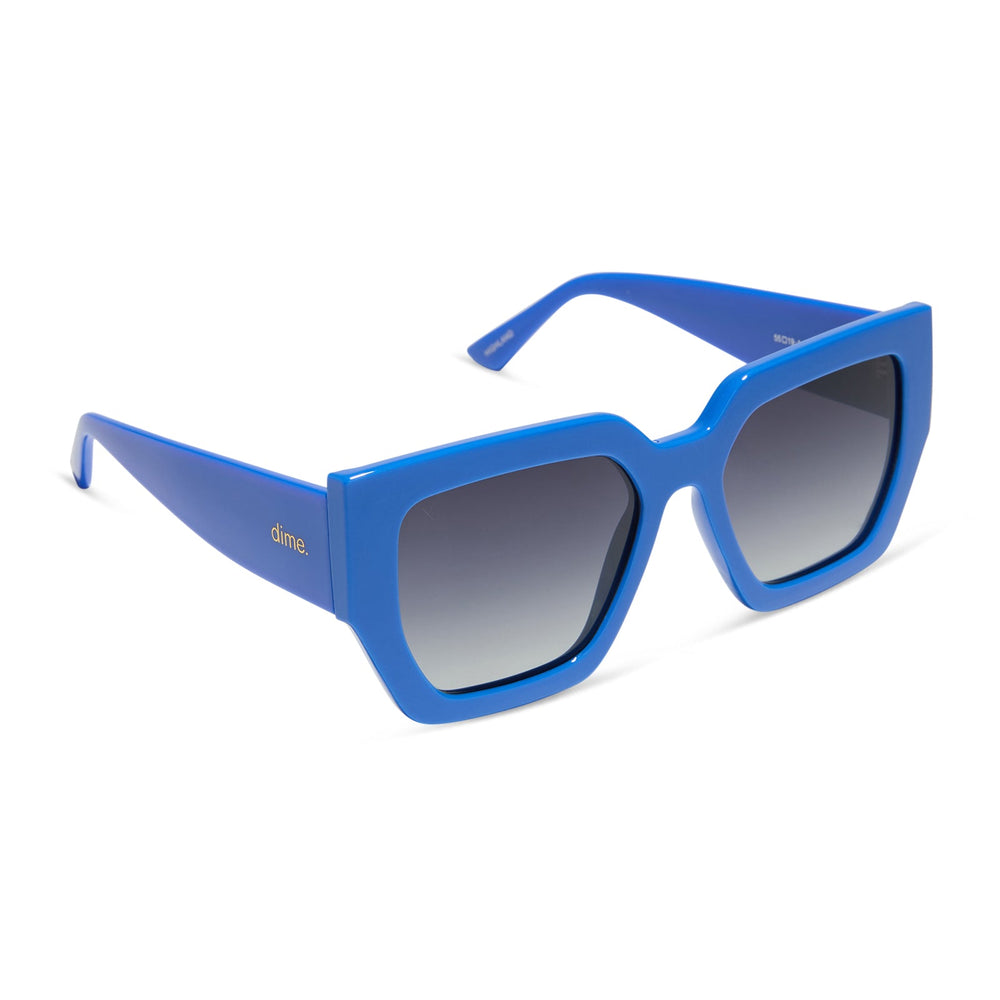 dime optics highland square sunglasses with a poolhouse blue frame and grey gradient polarized lenses back view