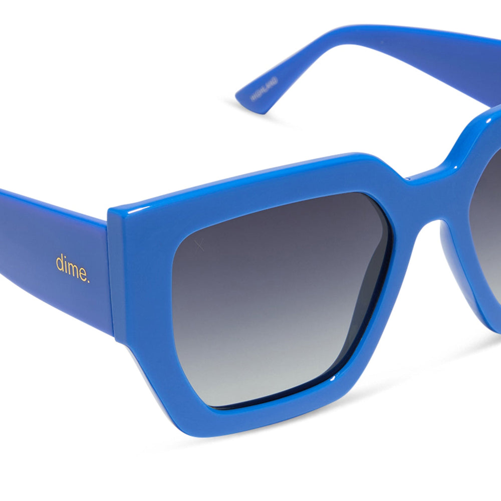 dime optics highland square sunglasses with a poolhouse blue frame and grey gradient polarized lenses detailed view