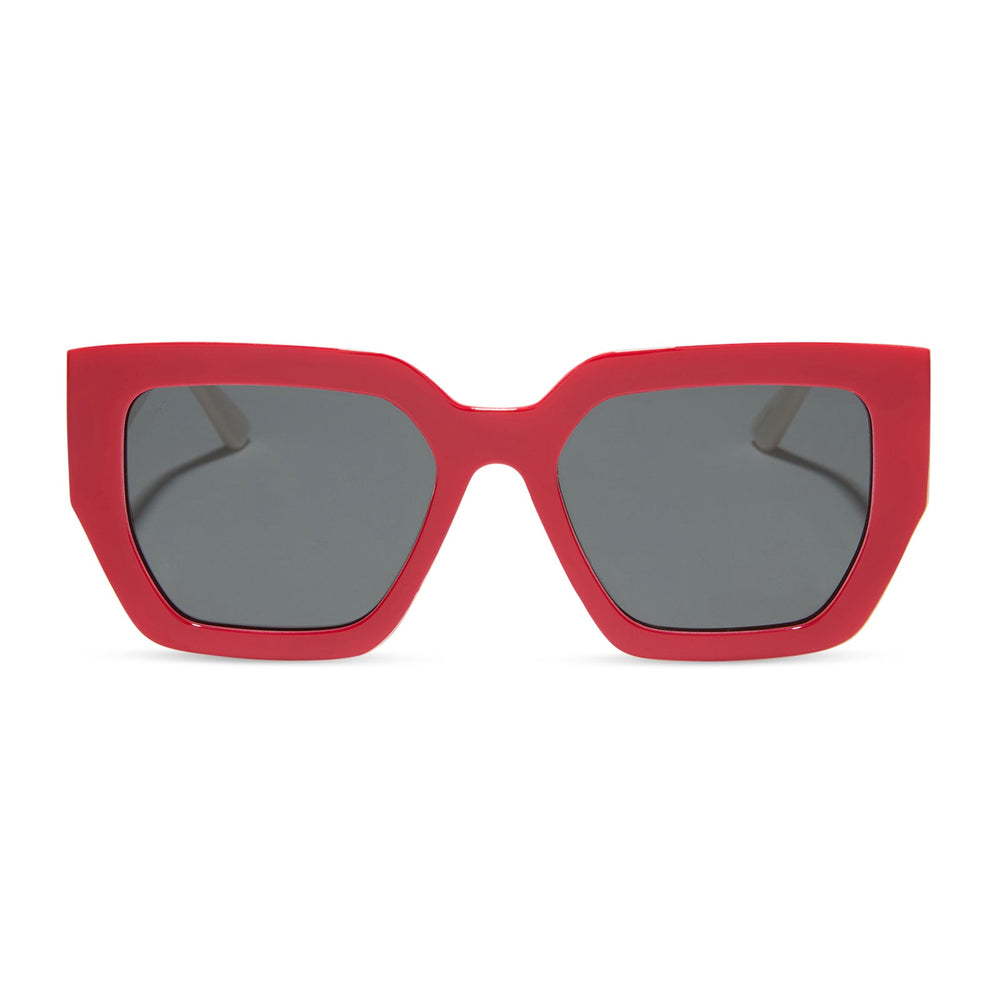 dime optics highland square sunglasses with a ruby red frame and swiss coffee grey polarized lenses front view