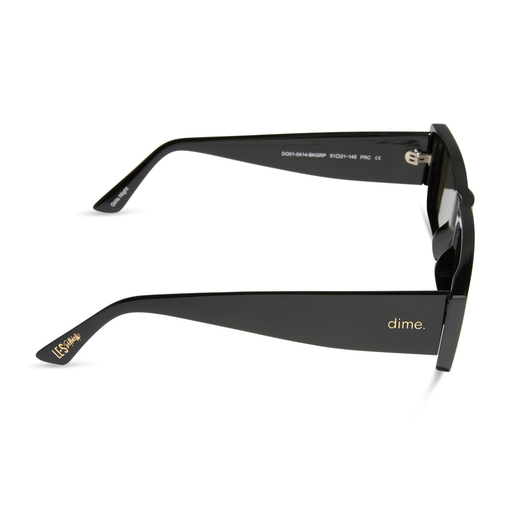 les do makeup x dime optics girls night sunglasses with a glossy black frame and grey polarized lenses side view