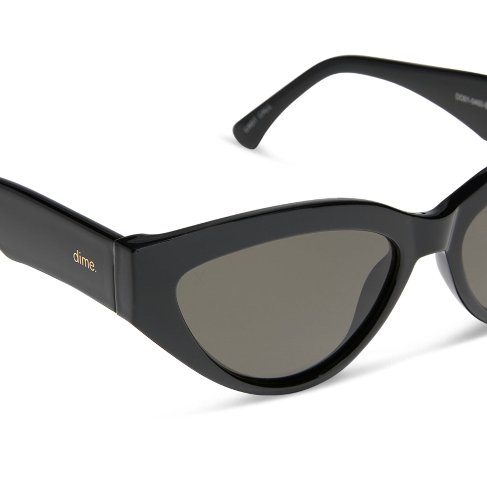 dime optics featuring last call cat eye sunglasses with a black frame and grey polarized lenses detailed view