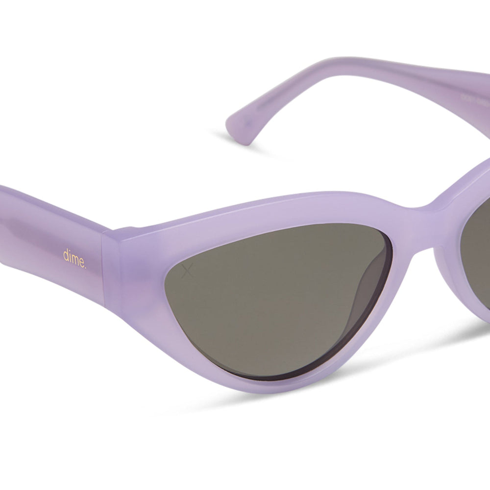les do makeup x dime optics featuring last call cat eye sunglasses with a lavender fog crystal frame and grey polarized lenses detailed view