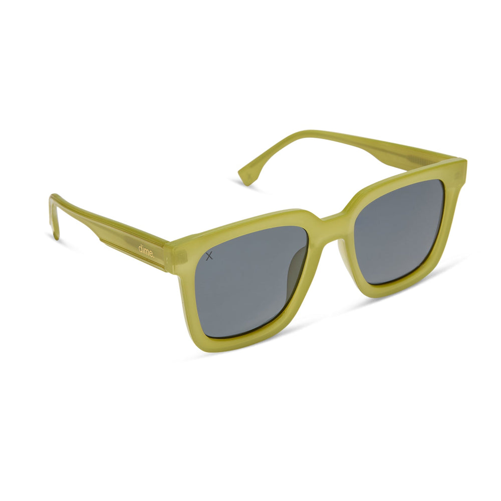 dime optics featuring the malibu square sunglasses with a valley green frame and grey polarized lenses angled view