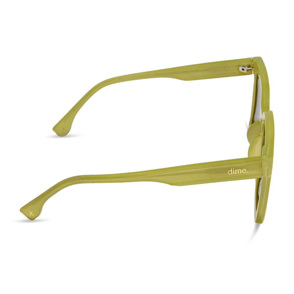 dime optics featuring the malibu square sunglasses with a valley green frame and grey polarized lenses side view