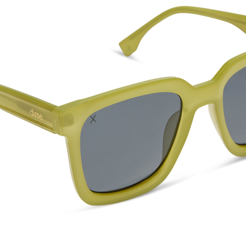 dime optics featuring the malibu square sunglasses with a valley green frame and grey polarized lenses detailed view