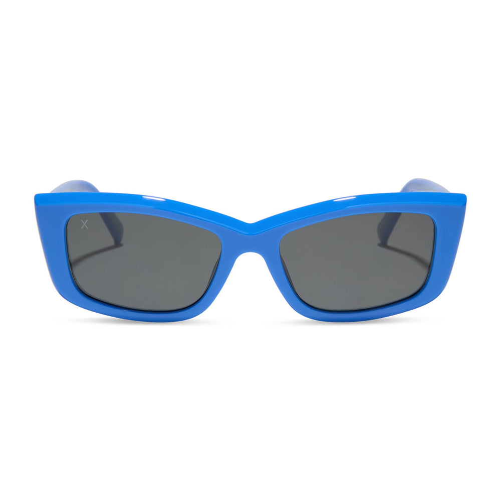 dime optics olympic cat eye sunglasses with a poolhouse blue frame and grey polarized lenses front view