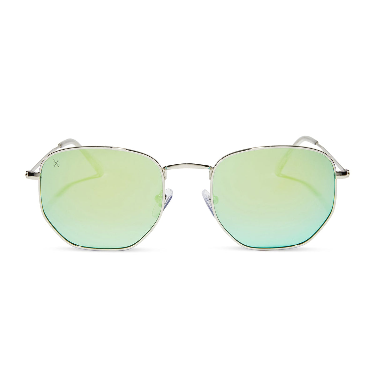 dime optics roxbury round sunglasses with a silver metal frame and cyan mirror polarized lenses front view