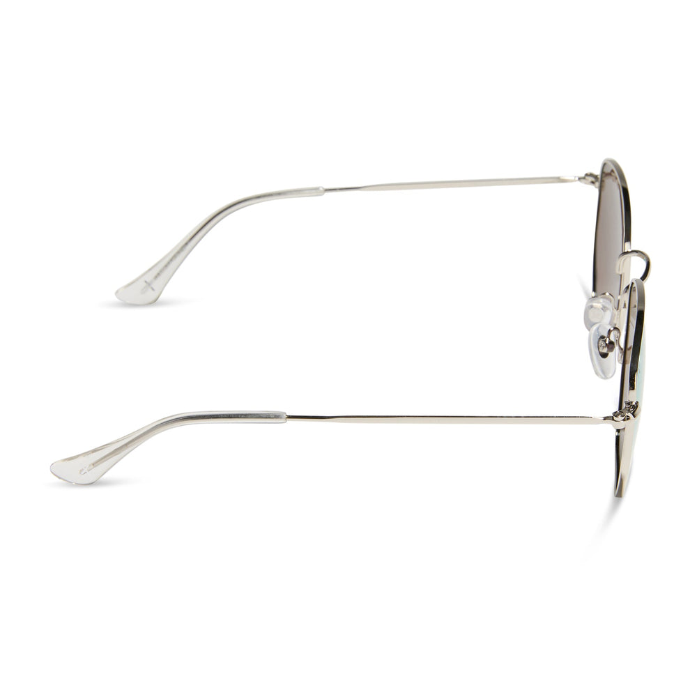 dime optics roxbury round sunglasses with a silver metal frame and cyan mirror polarized lenses side view