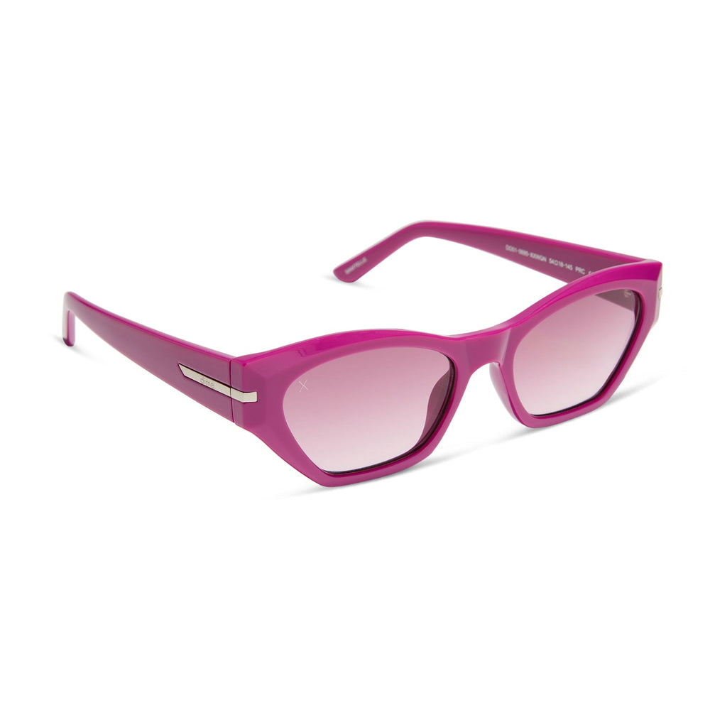 dime optics sawtelle cat eye sunglasses with a glossy berry frame and garnet gradient lenses angled view