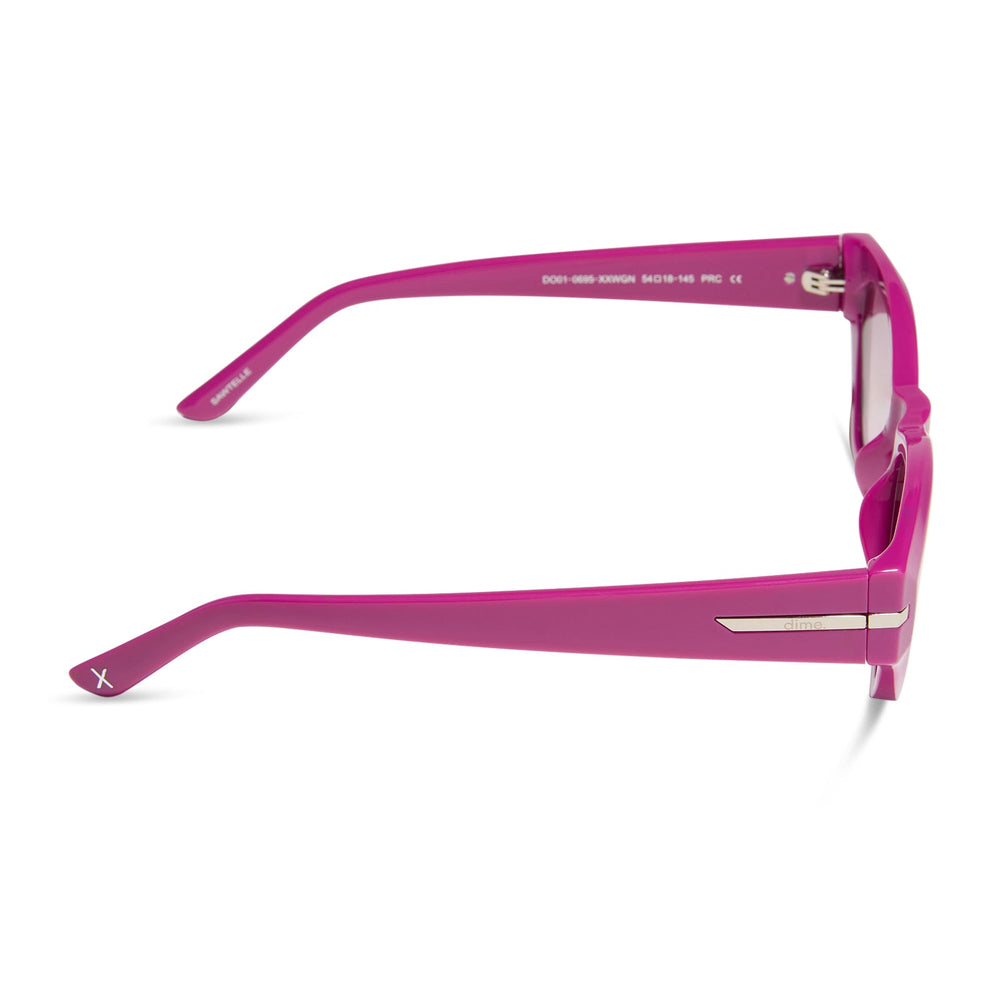 dime optics sawtelle cat eye sunglasses with a glossy berry frame and garnet gradient lenses side view