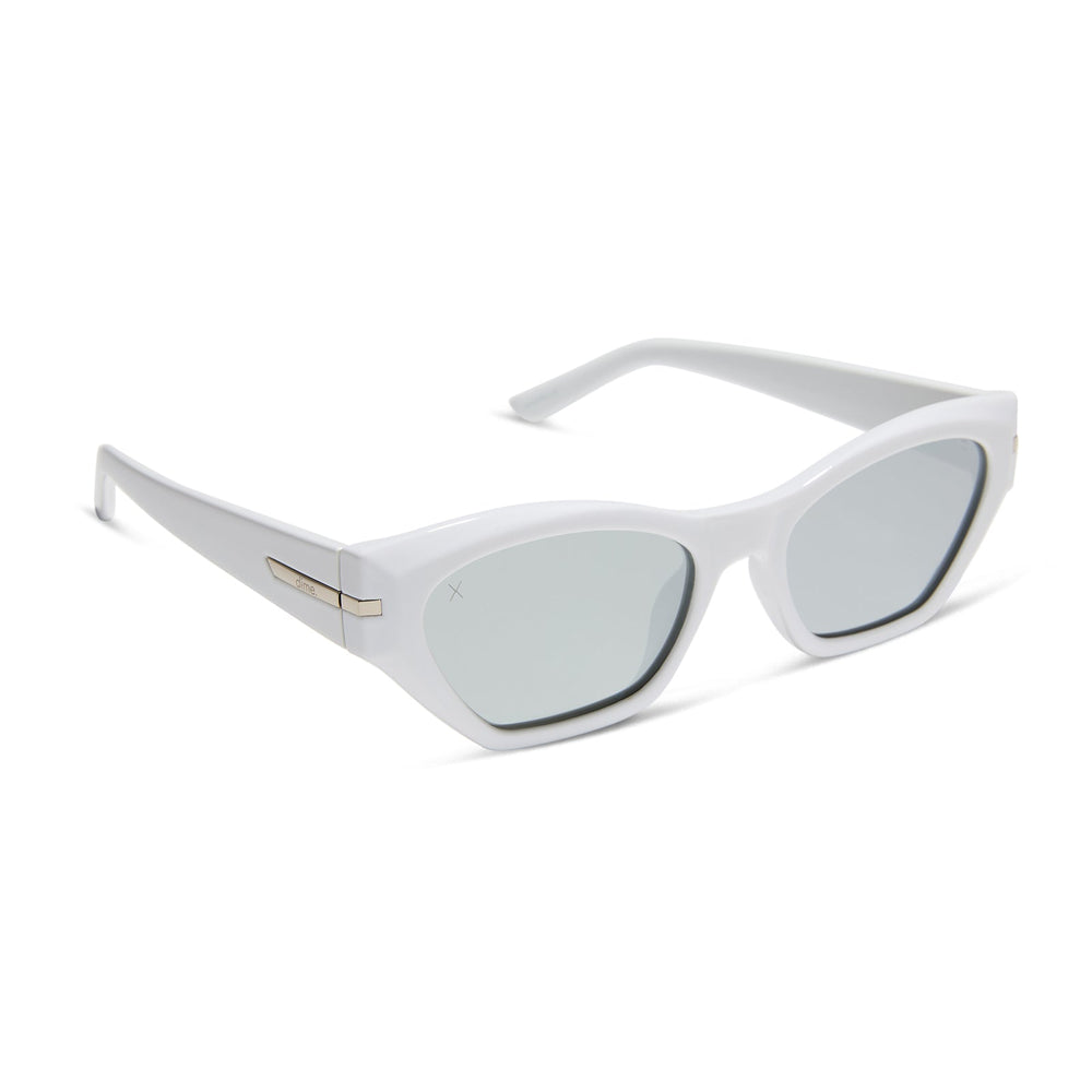 dime optics sawtelle cat eye sunglasses with a glossy white frame and silver mirror polarized lenses angled view