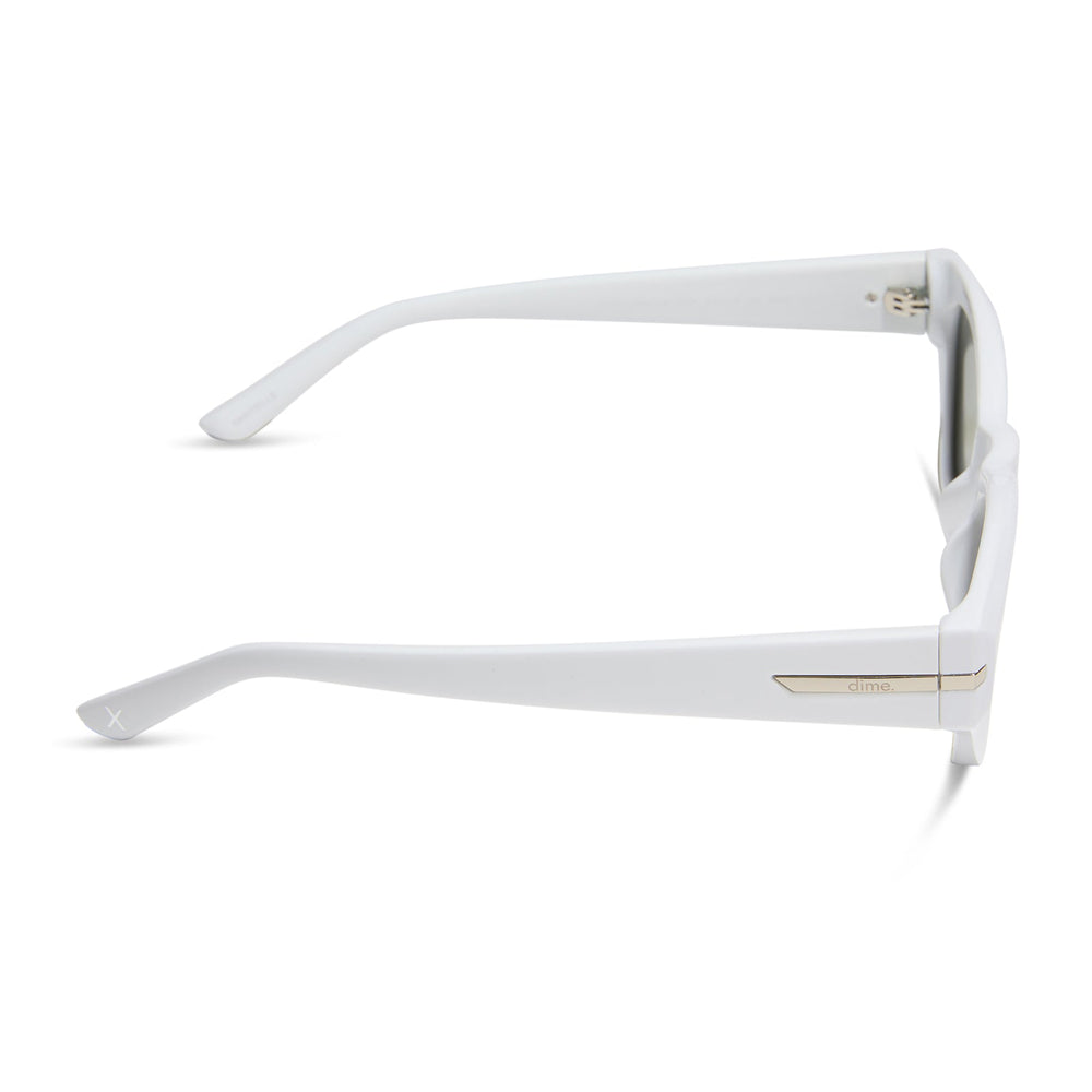 dime optics sawtelle cat eye sunglasses with a glossy white frame and silver mirror polarized lenses side view