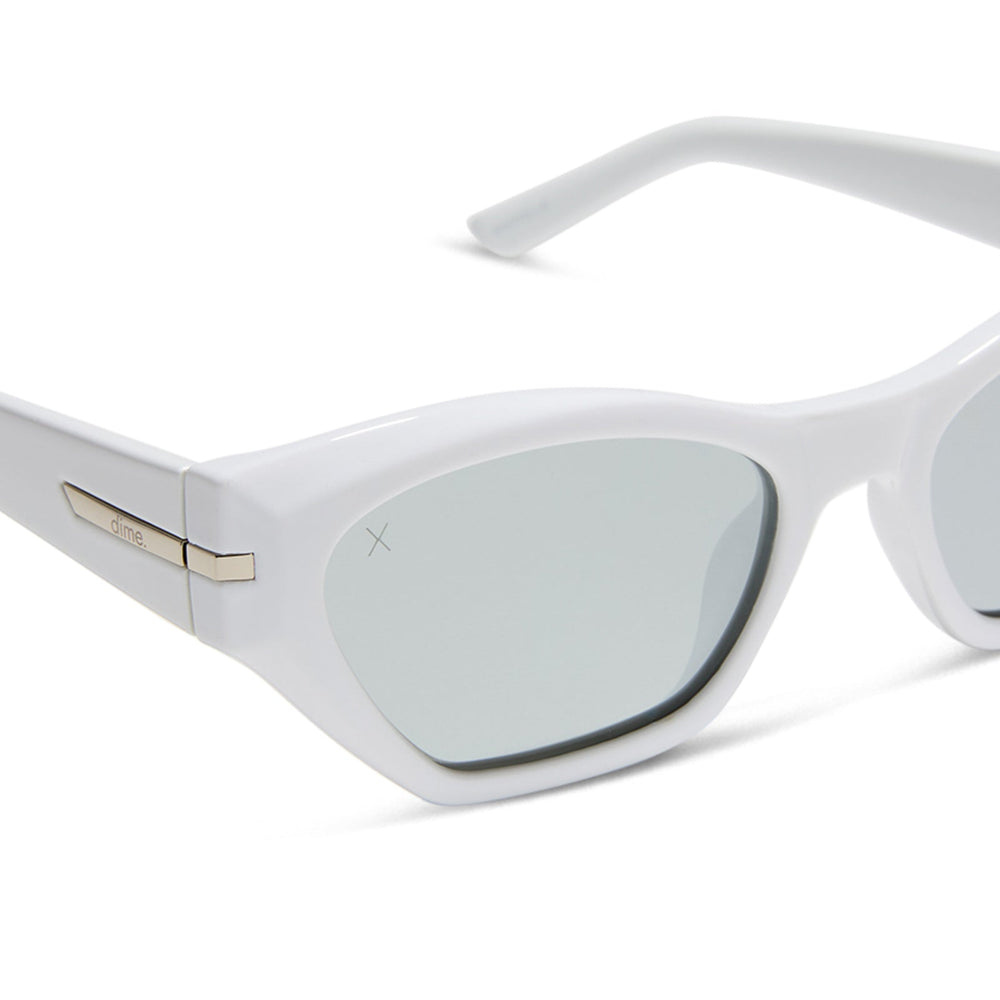 dime optics sawtelle cat eye sunglasses with a glossy white frame and silver mirror polarized lenses detailed view