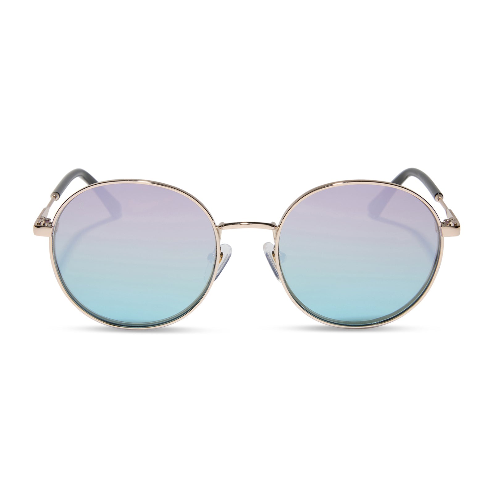 dime optics featuring the silverlake round sunglasses with a gold frame and wisteria mirror light blue purple lenses front view