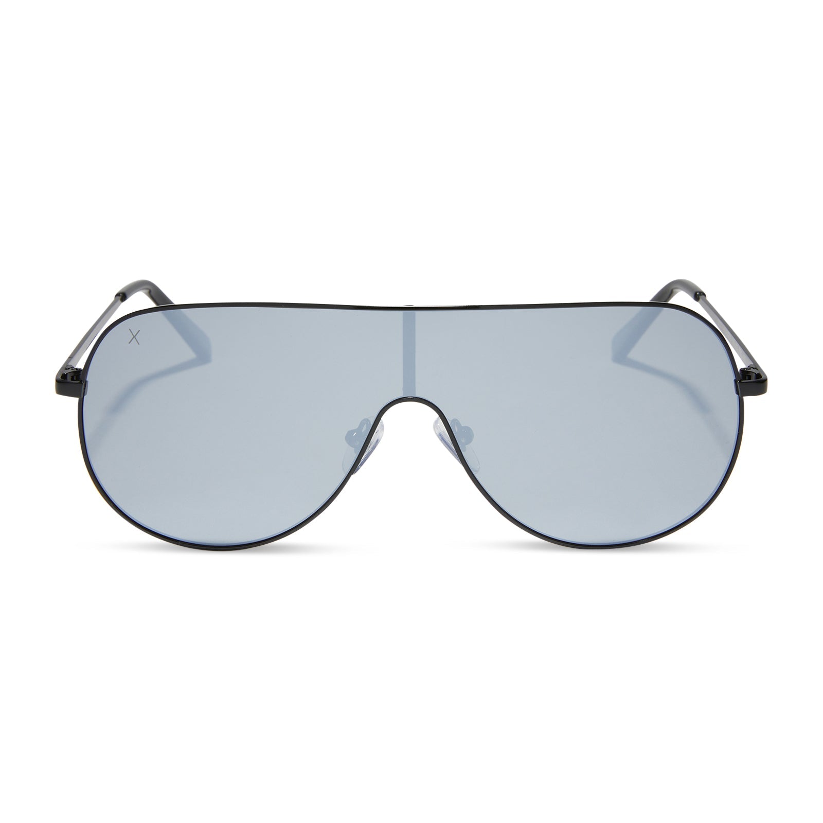 dime optics tarzana shield sunglasses with a black metal frame and grey with silver flash polarized lenses front view