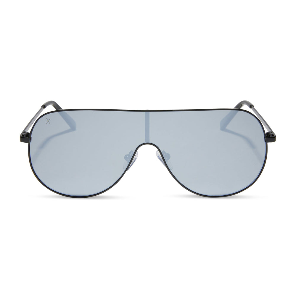 dime optics tarzana shield sunglasses with a black metal frame and grey with silver flash polarized lenses front view